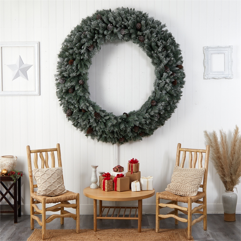 Nearly Natural 6ft Giant Flocked Christmas Wreath w/ Pinecones 600 Clear LED