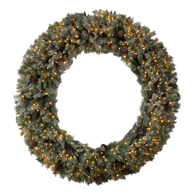 Nearly Natural 6ft Giant Flocked Christmas Wreath w/ Pinecones 600 Clear LED