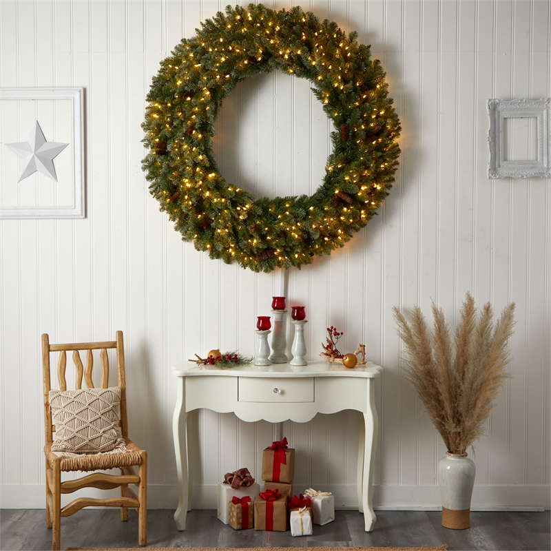 Nearly Natural 5ft Flocked Christmas Wreath w/ Pinecones 300 Clear LED