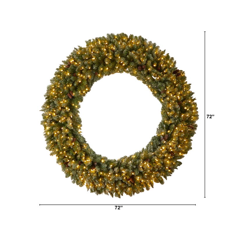 Nearly Natural 6ft Giant Flocked Christmas Wreath w/ Pinecones 400 Clear LED