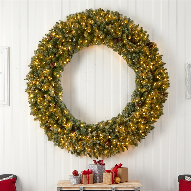 Nearly Natural 6ft Giant Flocked Christmas Wreath w/ Pinecones 400 Clear LED