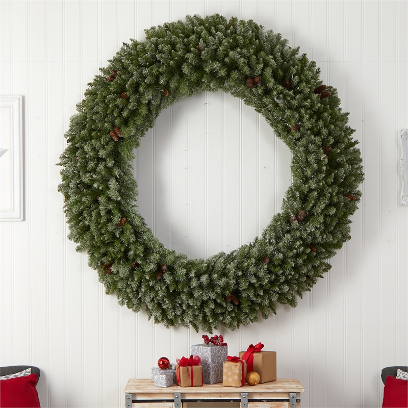 Nearly Natural 6ft Giant Flocked Christmas Wreath w/ Pinecones 400 Clear LED