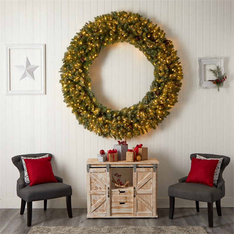 Nearly Natural 6ft Giant Flocked Christmas Wreath w/ Pinecones 400 Clear LED