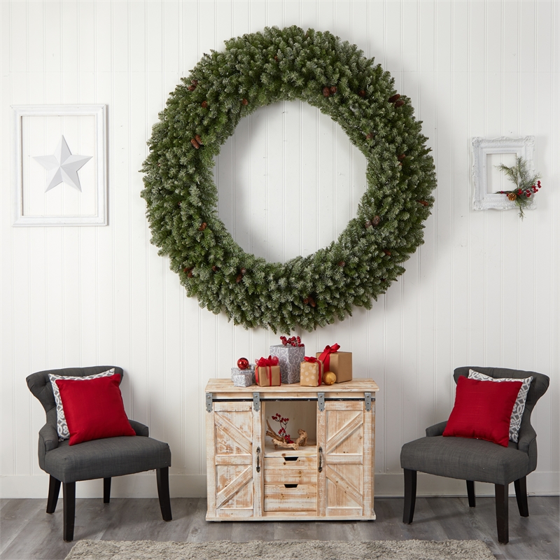 Nearly Natural 6ft Giant Flocked Christmas Wreath w/ Pinecones 400 Clear LED