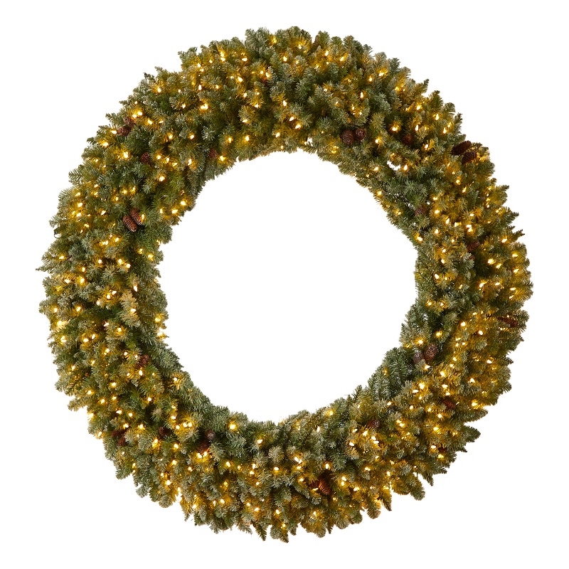 Nearly Natural 6ft Giant Flocked Christmas Wreath w/ Pinecones 400 Clear LED