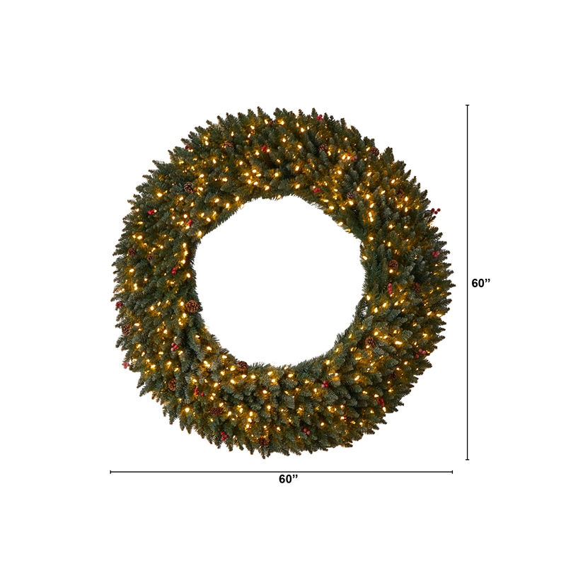 Nearly Natural 5ft Large Flocked Christmas Wreath w/ Pinecones Berries 400 LED