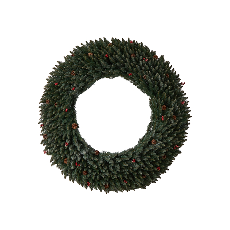 Nearly Natural 5ft Large Flocked Christmas Wreath w/ Pinecones Berries 400 LED