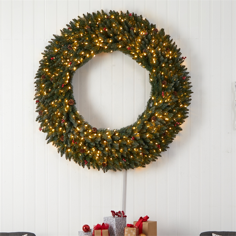 Nearly Natural 5ft Large Flocked Christmas Wreath w/ Pinecones Berries 400 LED