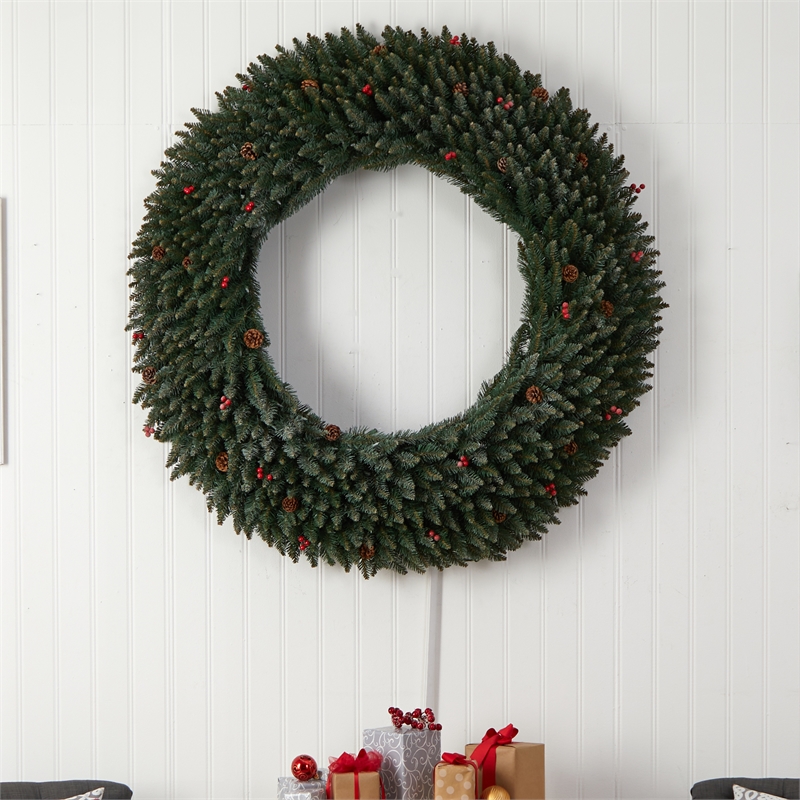 Nearly Natural 5ft Large Flocked Christmas Wreath w/ Pinecones Berries 400 LED