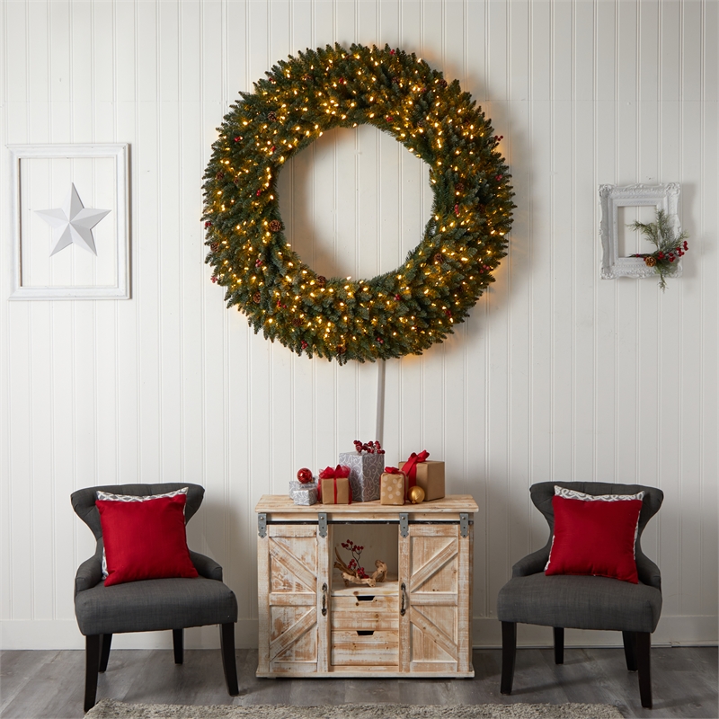 Nearly Natural 5ft Large Flocked Christmas Wreath w/ Pinecones Berries 400 LED