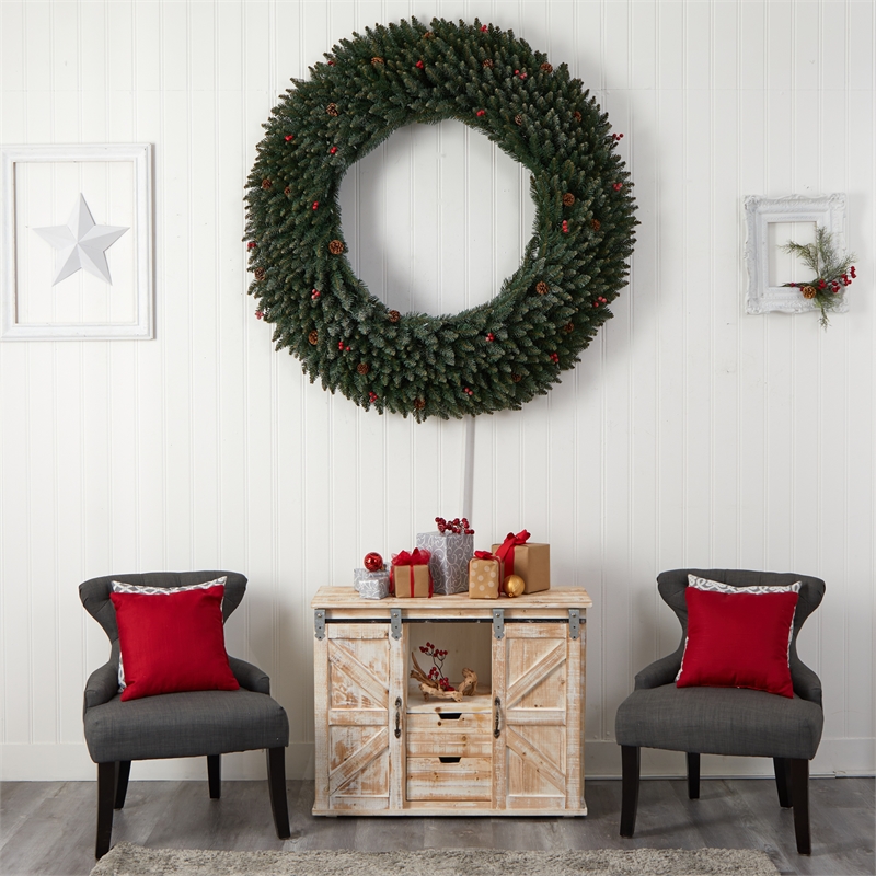 Nearly Natural 5ft Large Flocked Christmas Wreath w/ Pinecones Berries 400 LED