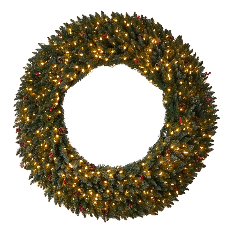 Nearly Natural 5ft Large Flocked Christmas Wreath w/ Pinecones Berries 400 LED