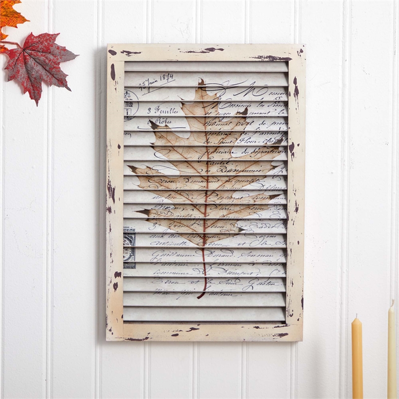 Nearly Natural Maple Leaf Window Shutter Wall Decor in Beige