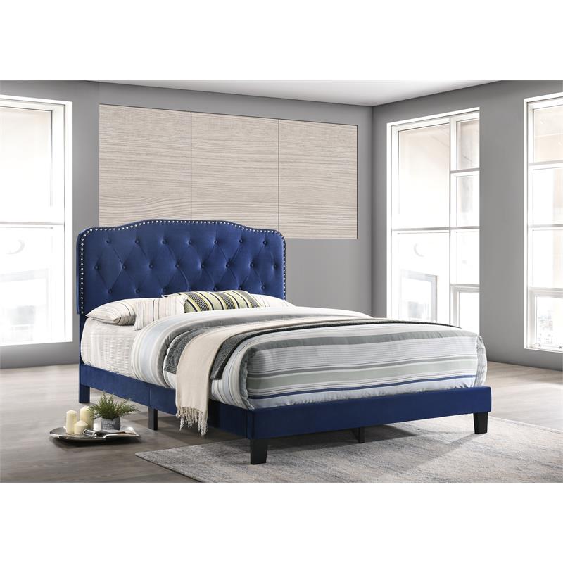 Navy Velvet Upholstered Panel Bed with Silver Nailhead - Queen