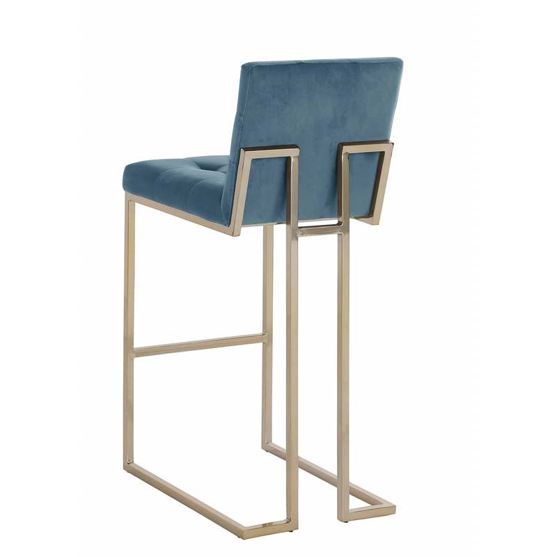 Barstools with Tufted Seats in Teal Blue Velvet and Gold Chrome Legs (Set of 2)