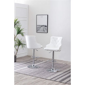 Adjustable Bar Stools with White Faux Leather and Tufted Seats (Set of 2)