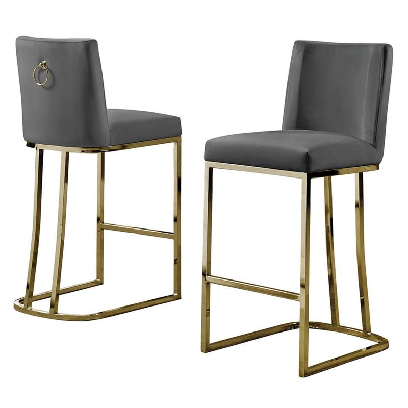 Velvet Counter Height Chairs in Dark Gray Velvet and Gold Chrome (Set of 2)