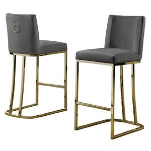 Velvet Counter Height Chairs in Dark Gray Velvet and Gold Chrome (Set of 2)