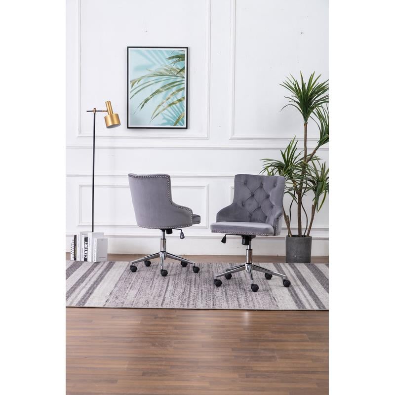 Swivel Office Chair in Dark Gray Velvet with Stainless Steel and Tufted Seat