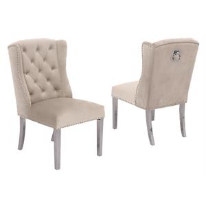 Double Tufted Cream Velvet Side Chairs with Silver Stainless Steel Legs