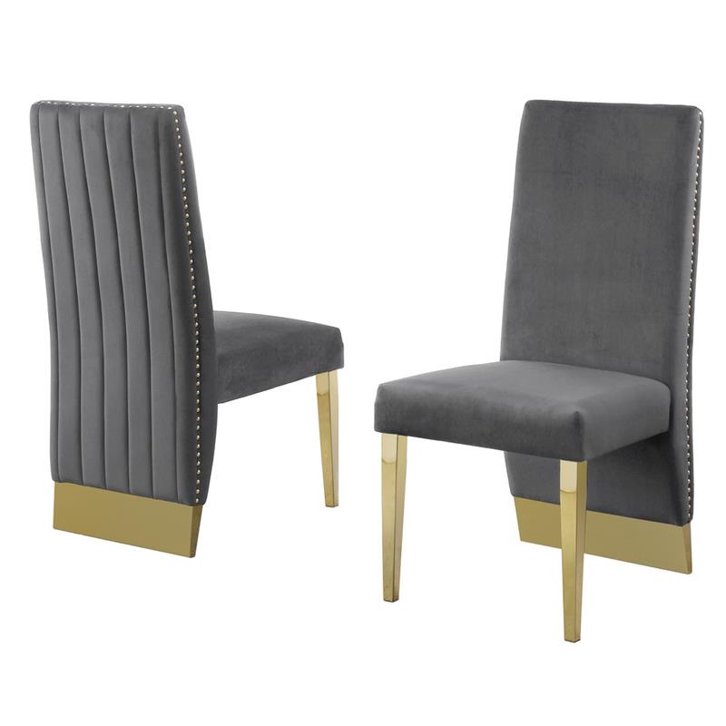 Gray Tufted Velvet Accent Side Chairs with Gold Chrome Detailing (Set of 2)