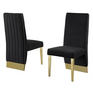 Black Tufted Velvet Accent Side Chairs with Gold Chrome Detailing (Set of 2)