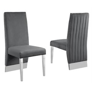 Gray Tufted Velvet Accent Side Chairs with Silver Chrome Detailing (Set of 2)
