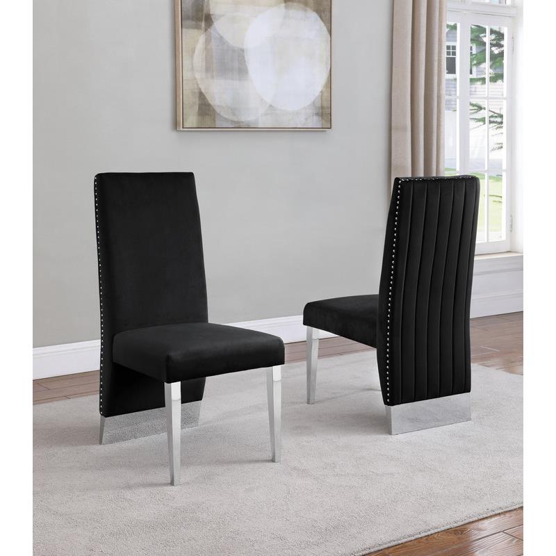 Black Tufted Velvet Accent Side Chairs with Silver Chrome Detailing (Set of 2)