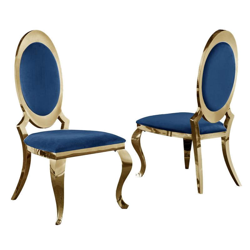 Classy Round Back Navy Blue Velvet Side Chairs with Gold Legs (Set of 2)