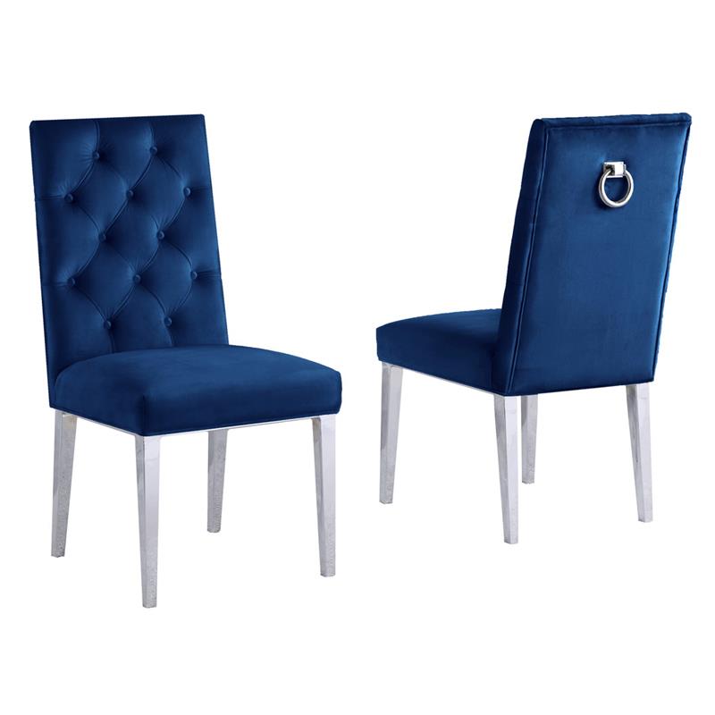 Velvet Tufted Side Chairs in Navy Blue with Silver Chrome Legs (Set of 2)