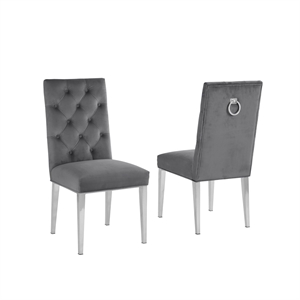 Velvet Tufted Side Chairs in Dark Gray with Silver Chrome Legs (Set of 2)