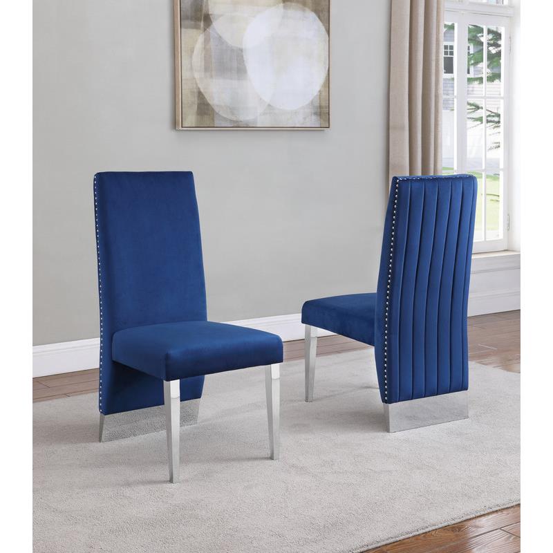 Navy Tufted Velvet Accent Side Chairs with Silver Chrome Detailing (Set of 2)