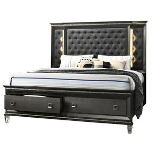 Lavish Dark Gray Wood California King Bed with Lights and Storage Footboard