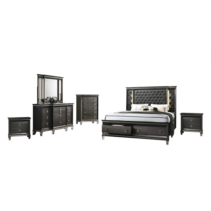 Lavish Dark Gray Wood Queen Size Bed with Lights and Storage Footboard