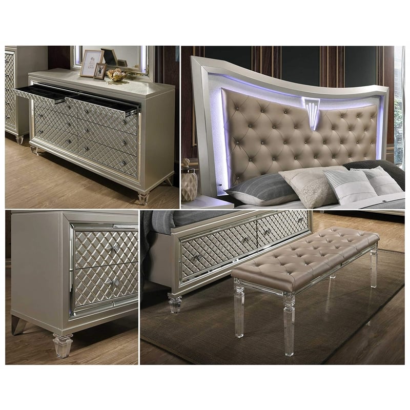 Champagne Silver Wood California King Bed with Lights