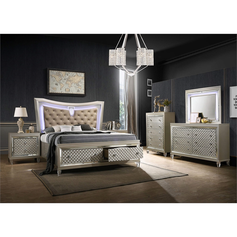 Champagne Silver Wood Eastern King Bed with Lights