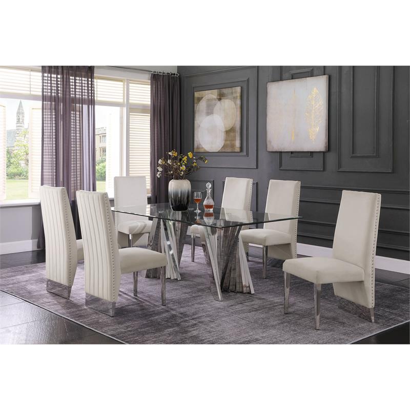 Clear Glass Dining Set with Table and 6 Cream Velvet Chairs
