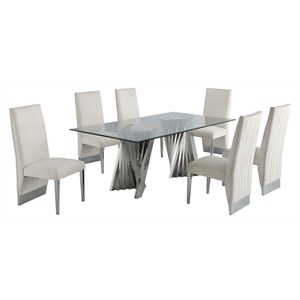 Clear Glass Dining Set with Table and 6 Cream Velvet Chairs