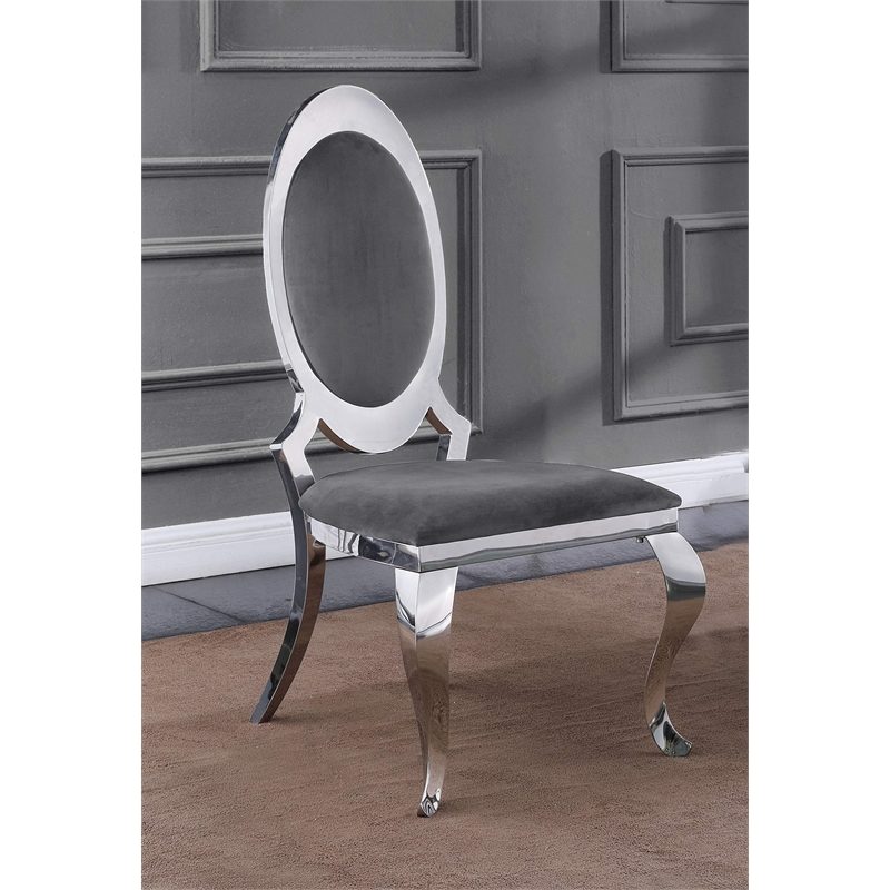 Clear Glass Dining Set with Table and 6 Oval Gray Velvet Chairs
