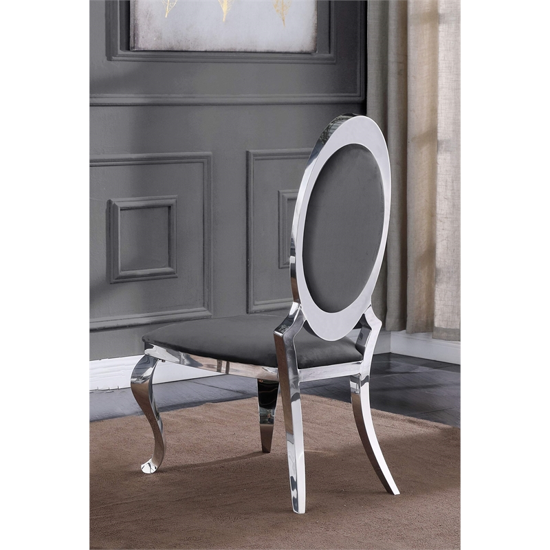 Clear Glass Dining Set with Table and 6 Oval Gray Velvet Chairs