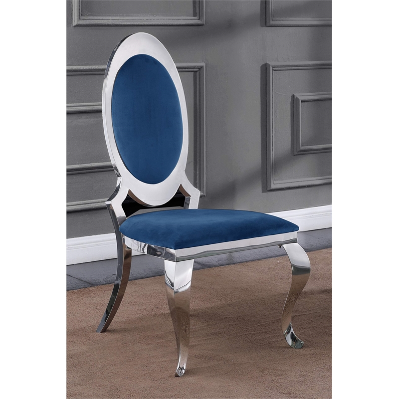 Clear Glass Dining Set with Table and 6 Oval Navy Blue Velvet Chairs
