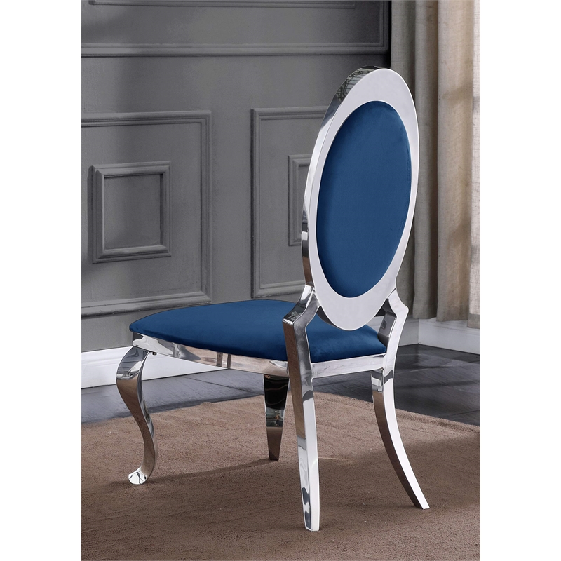 Clear Glass Dining Set with Table and 6 Oval Navy Blue Velvet Chairs