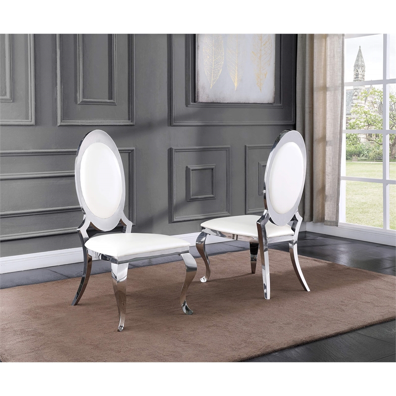 Clear Glass Dining Set with Table and 6 Oval White Faux Leather Chairs