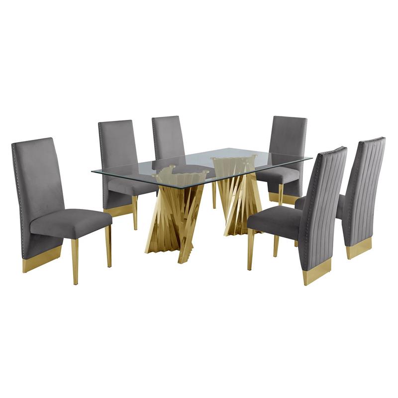Clear Glass Dining Set with Table and 6 Gray Velvet Chairs