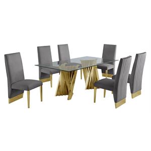 Clear Glass Dining Set with Table and 6 Gray Velvet Chairs