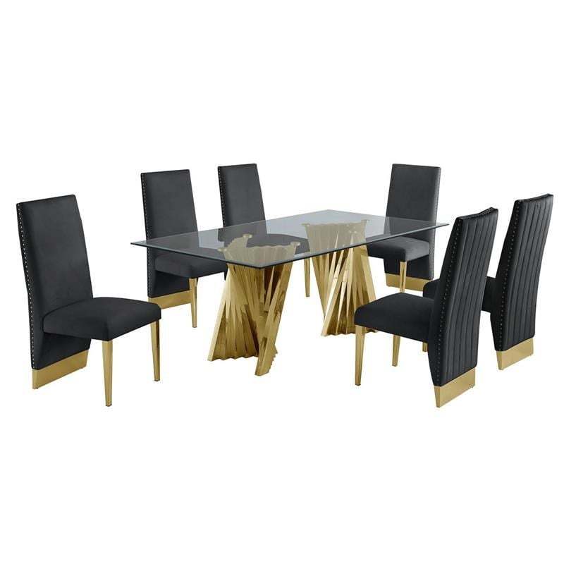 Clear Glass Dining Set with Table and 6 Black Velvet Chairs