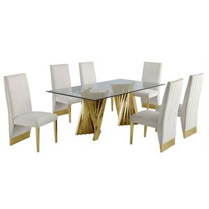 Clear Glass Dining Set with Table and 6 Cream Velvet Chairs