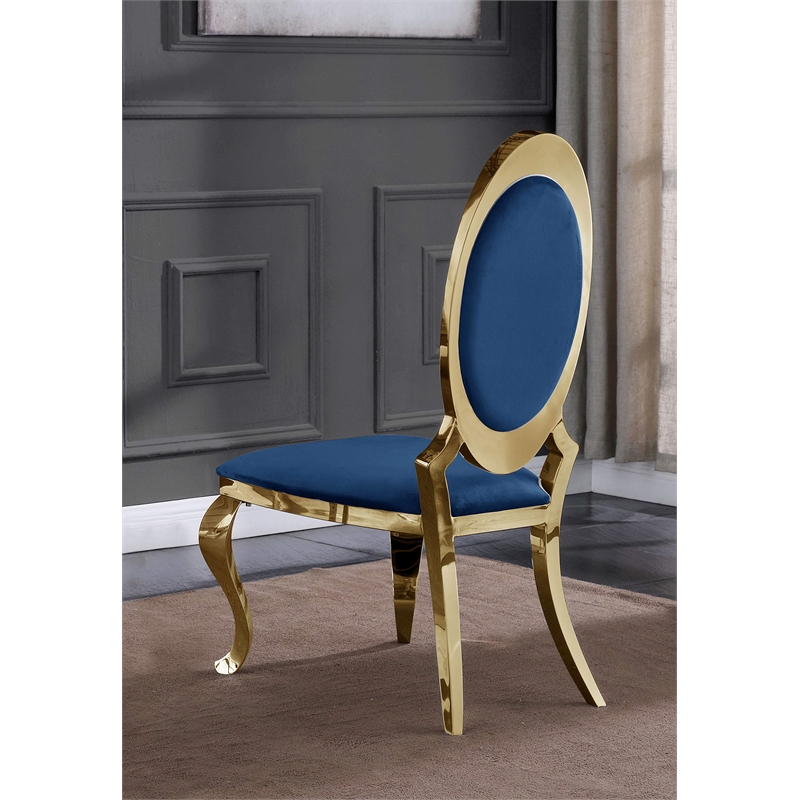 Clear Glass Dining Set with Table and 6 Oval Navy Blue Velvet Chairs