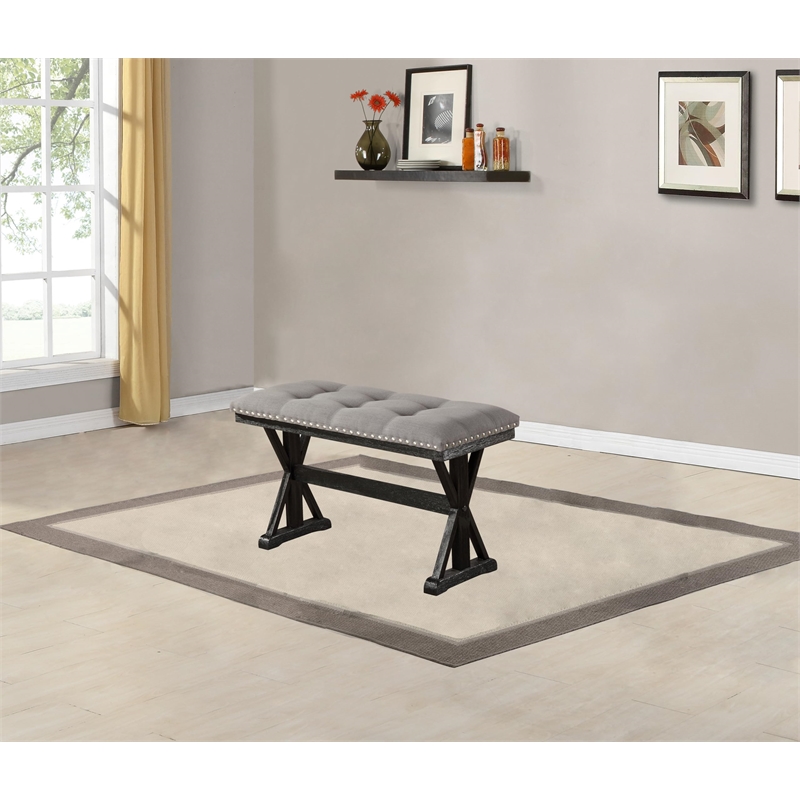 Upholstered Gray Linen Fabric Counterheight Bench with Tufts