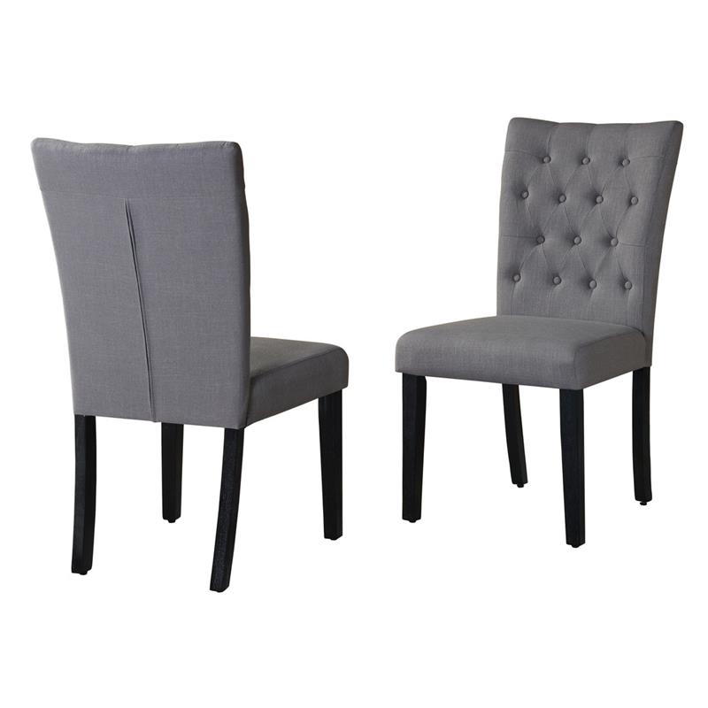 Gray Linen Dining Chairs with Tufts and Dark Espresso Wood Legs (Set of 2)